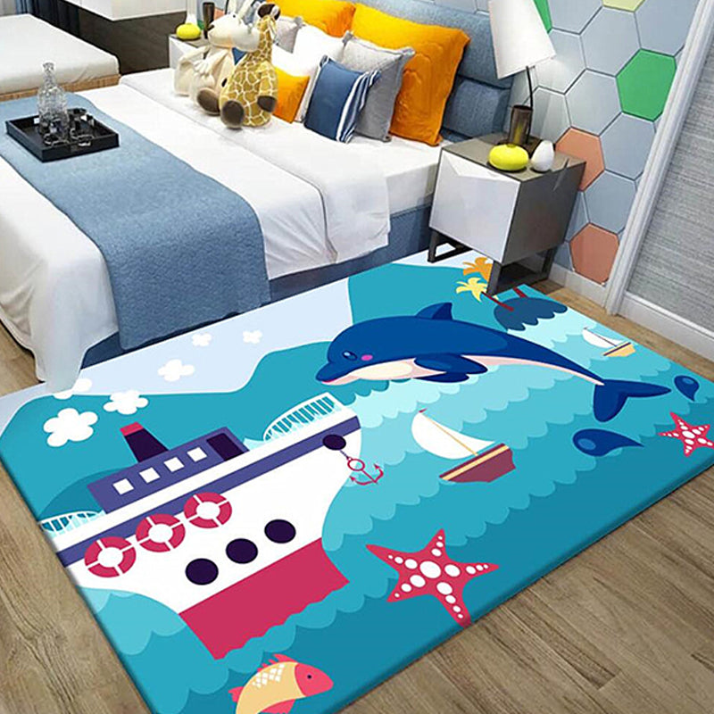 Kids Ship Pattern Carpet with Dolphin Blue Polyester Carpet Washable Pet-friendly Non-slip Carpet for the Children's Room