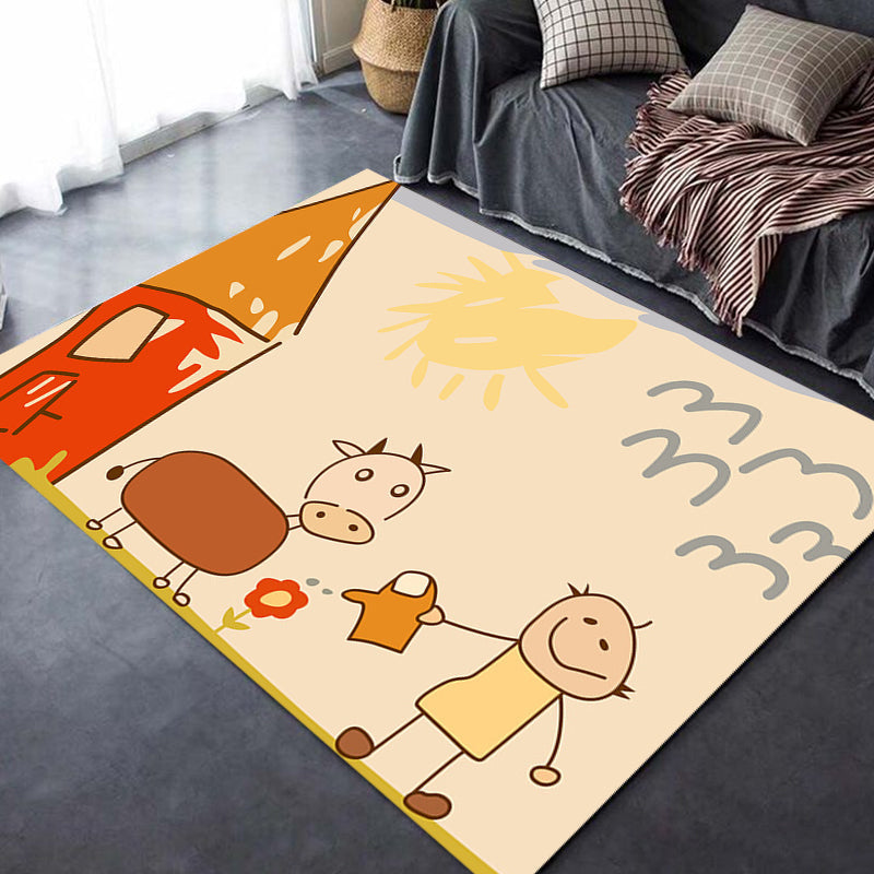 Cute Painting Pattern Rug Orange Kids Rug Polyester Pet Friendly Washable Area Rug for Kids Room