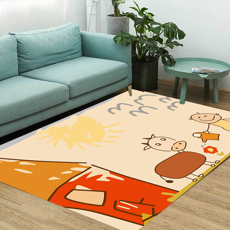 Cute Painting Pattern Rug Orange Kids Rug Polyester Pet Friendly Washable Area Rug for Kids Room