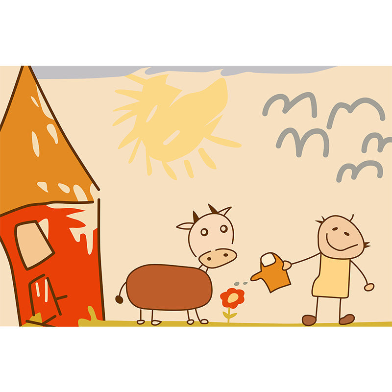 Cute Painting Pattern Rug Orange Kids Rug Polyester Pet Friendly Washable Area Rug for Kids Room