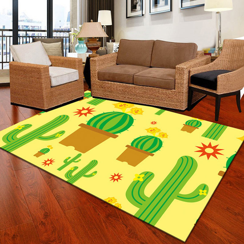 Children Cactus Pattern Rug Black and Green Polyester Rug Washable Pet-Friendly Non-Slip Area Rug for the Children's Room