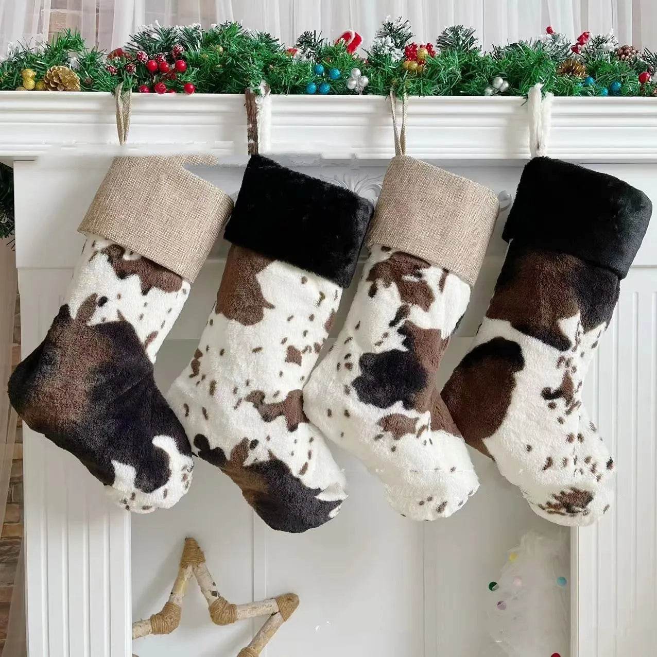 20-inch Plush Christmas Stockings Cows Pattern Gift Bag