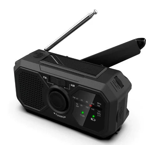 Portable emergency radio with solar panel and hand crank – FM/AM reception and power bank function