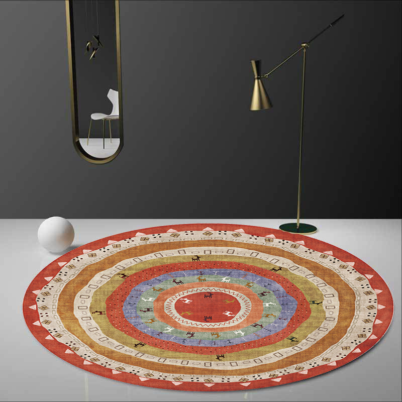 Retro Tribal Circles Pattern Carpet Yellow and Red Polyester Carpet Washable Pet Friendly Non-Slip Carpet for the Living Room