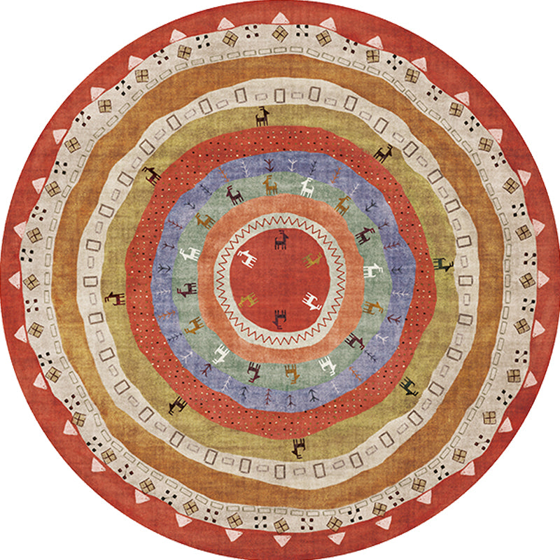 Retro Tribal Circles Pattern Carpet Yellow and Red Polyester Carpet Washable Pet Friendly Non-Slip Carpet for the Living Room