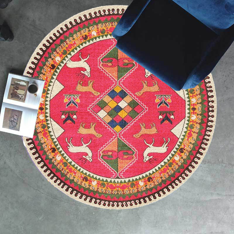 Retro Tribal Circles Pattern Carpet Yellow and Red Polyester Carpet Washable Pet Friendly Non-Slip Carpet for the Living Room
