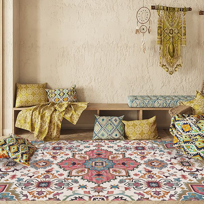 Traditional Tribal Flower Pattern Rug Multicolored Moroccan Rug Polyester Pet Friendly Non-Slip Back Washable Rug for Living Room