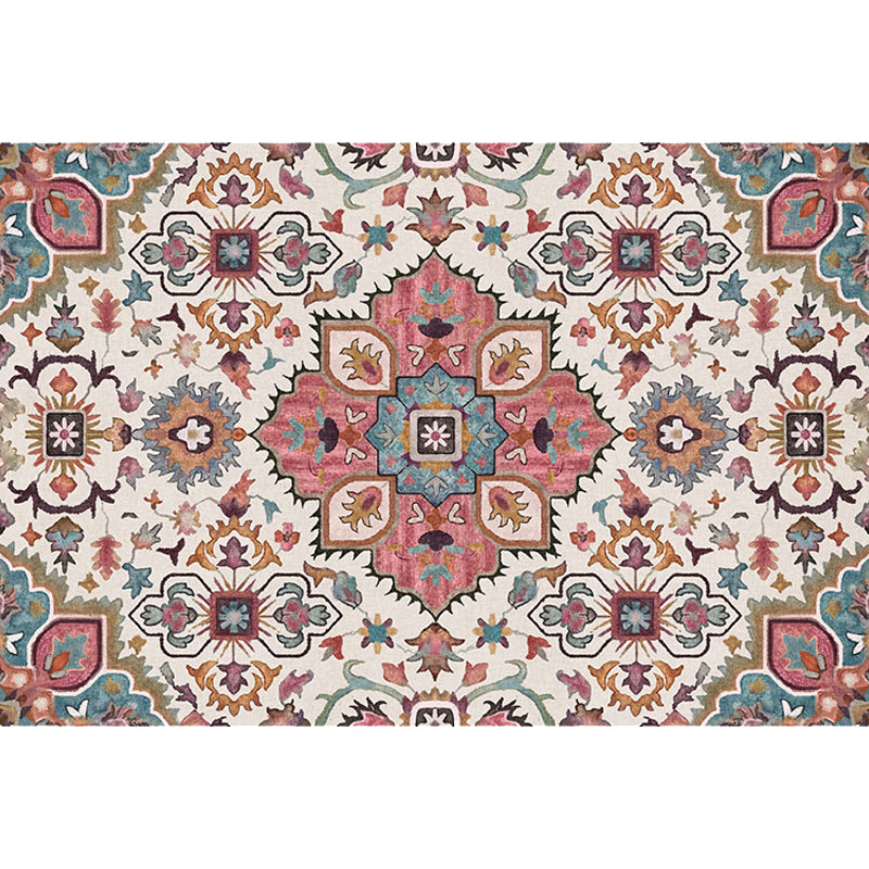 Traditional Tribal Flower Pattern Rug Multicolored Moroccan Rug Polyester Pet Friendly Non-Slip Back Washable Rug for Living Room