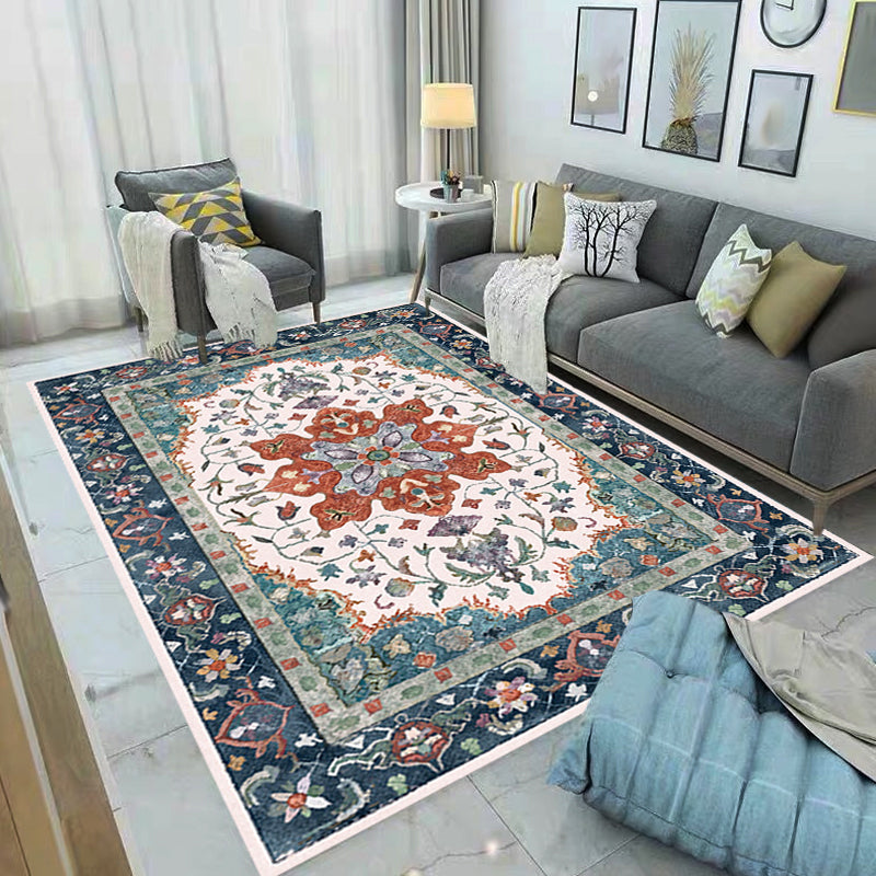Traditional Tribal Flower Pattern Rug Multicolored Moroccan Rug Polyester Pet Friendly Non-Slip Back Washable Rug for Living Room