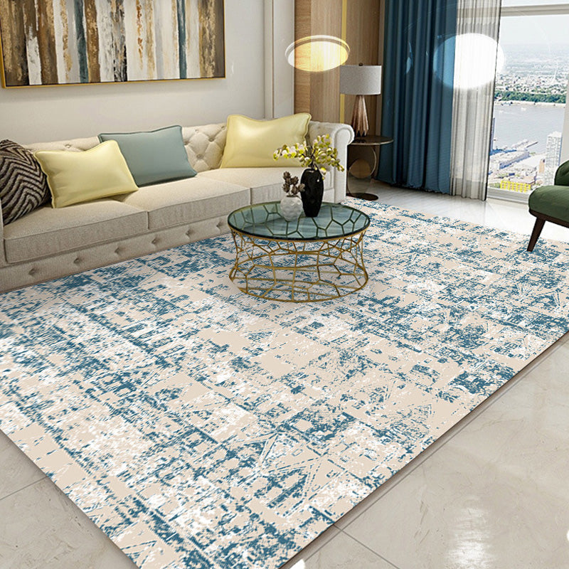 Shabby Chic Tribal Pattern Carpet Blue Polyester Carpet Washable Pet-Friendly Non-Slip Carpet for the Living Room