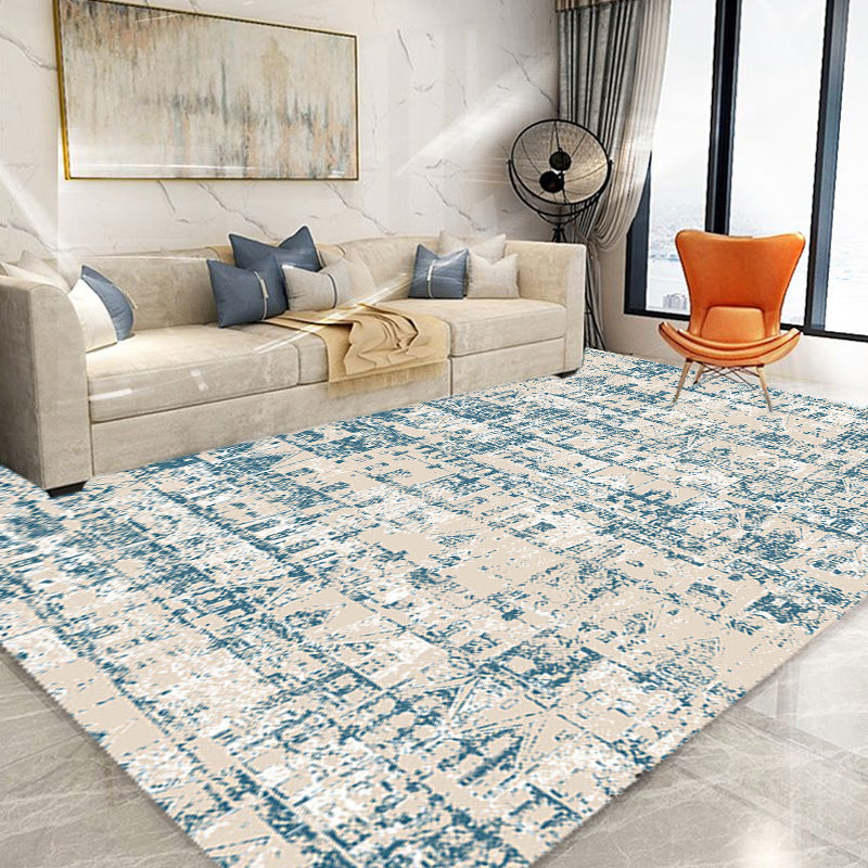 Shabby Chic Tribal Pattern Carpet Blue Polyester Carpet Washable Pet-Friendly Non-Slip Carpet for the Living Room