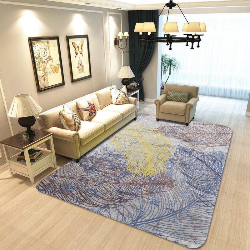 Yellow Shabby Chic Carpet Polyester Feather Pattern Carpet Machine Washable Non-Slip Back Carpet for Decoration