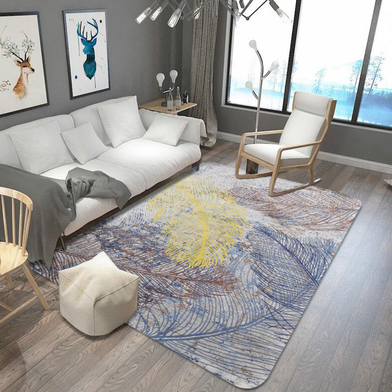 Yellow Shabby Chic Carpet Polyester Feather Pattern Carpet Machine Washable Non-Slip Back Carpet for Decoration