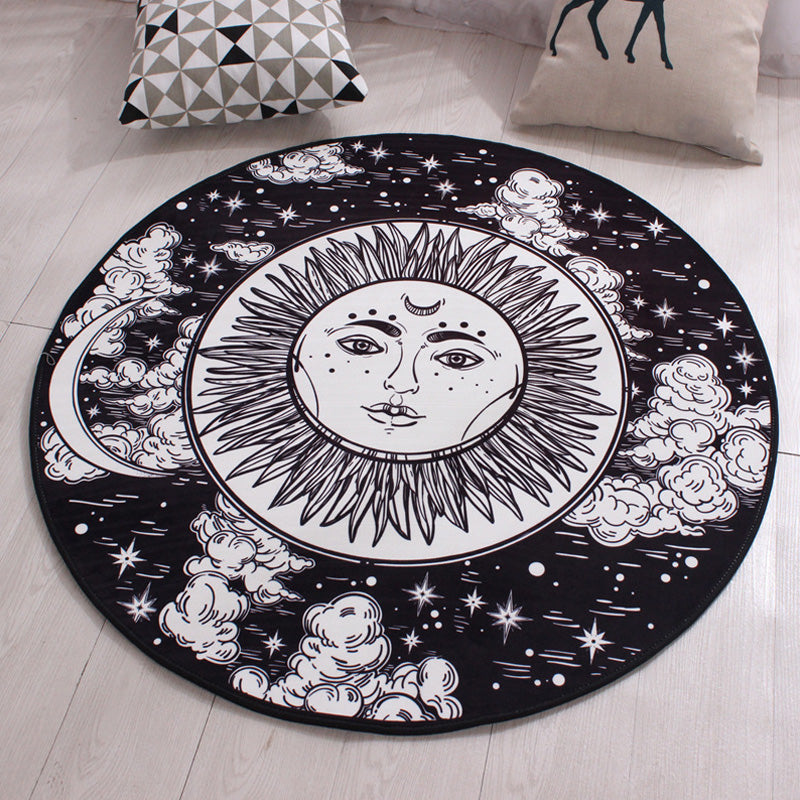 Moroccan floral pattern rug with moon black and red polyester rug machine washable pet-friendly non-slip rug for the living room