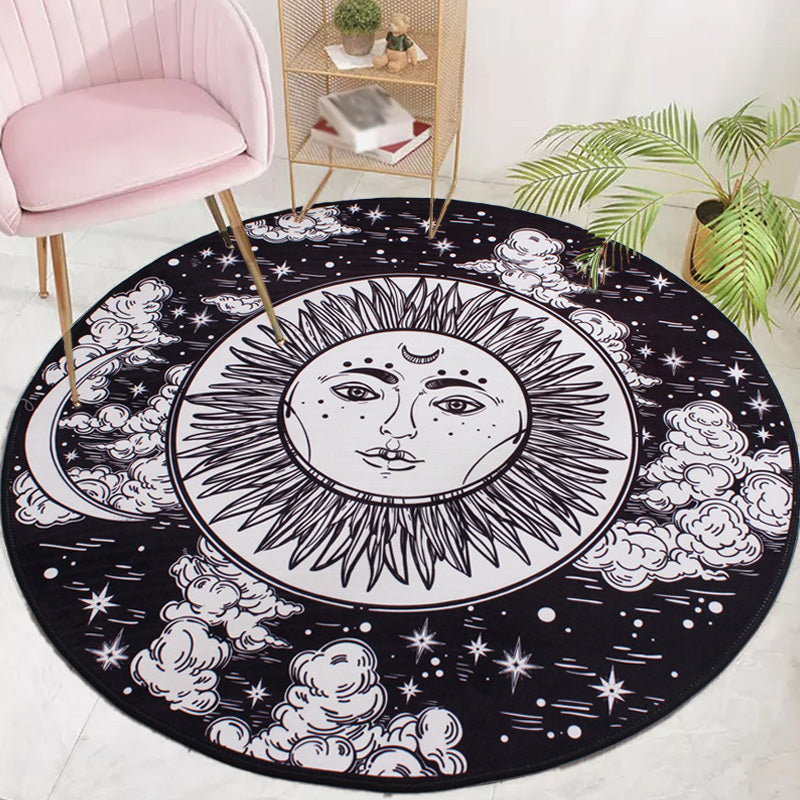 Moroccan floral pattern rug with moon black and red polyester rug machine washable pet-friendly non-slip rug for the living room