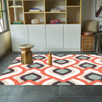 Moroccan geometric pattern rug in orange and brown, polyester rug, washable, pet-friendly, non-slip, area rug for the living room
