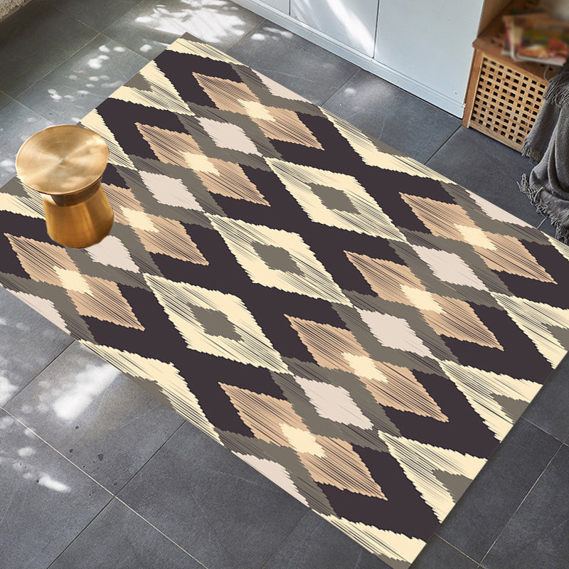 Moroccan geometric pattern rug in orange and brown, polyester rug, washable, pet-friendly, non-slip, area rug for the living room