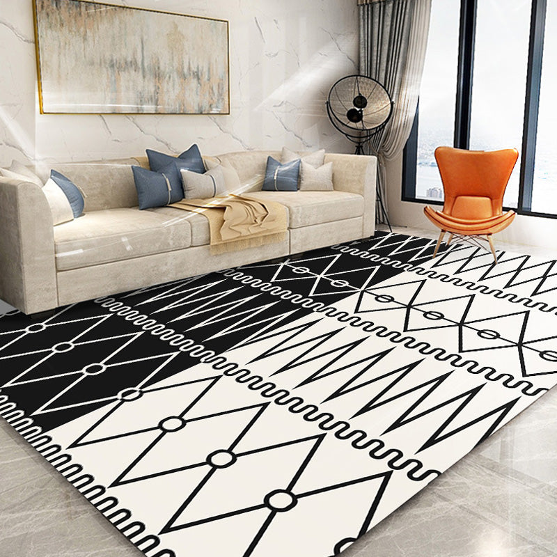 Retro geometric pattern rug black and white southwest rug polyester pet friendly non-slip backing washable rug for living room