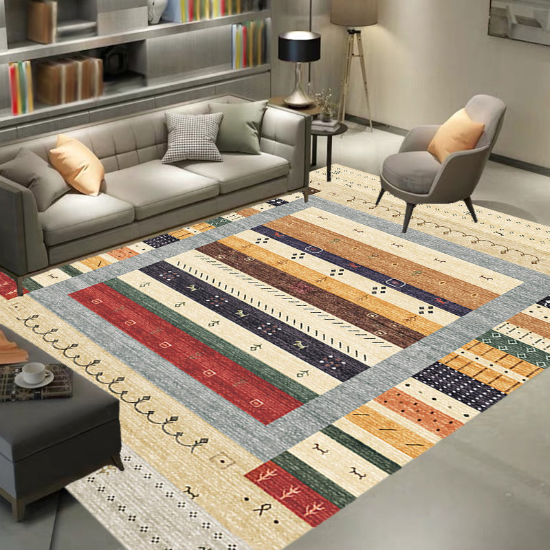 Bohemian striped patterned rug with flowers Multicolored Polyester rug Machine washable non-slip back rug for living room