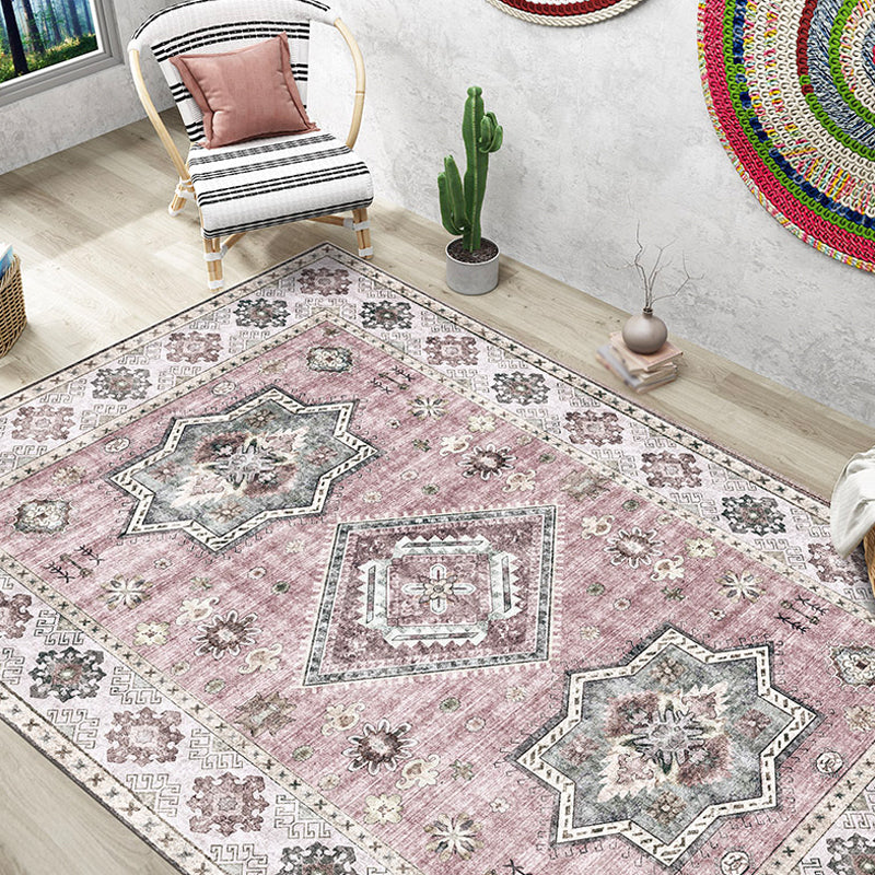 Retro Tribal Flower Pattern Rug Pink and Gray Polyester Rug Washable Pet-Friendly Non-Slip Rug for Living Room