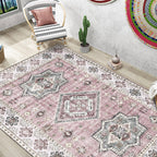 Retro Tribal Flower Pattern Rug Pink and Gray Polyester Rug Washable Pet-Friendly Non-Slip Rug for Living Room