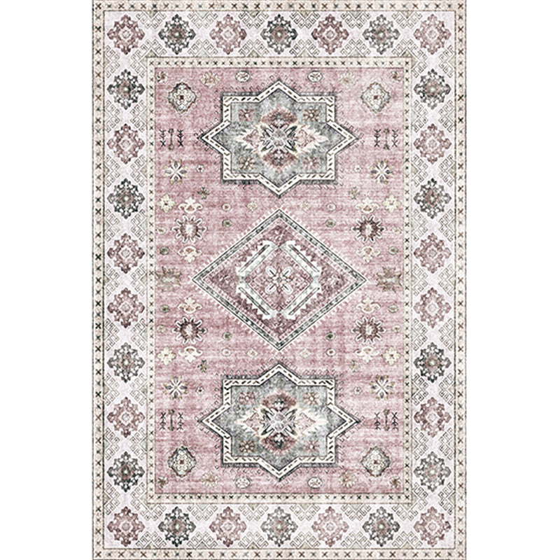 Retro Tribal Flower Pattern Rug Pink and Gray Polyester Rug Washable Pet-Friendly Non-Slip Rug for Living Room