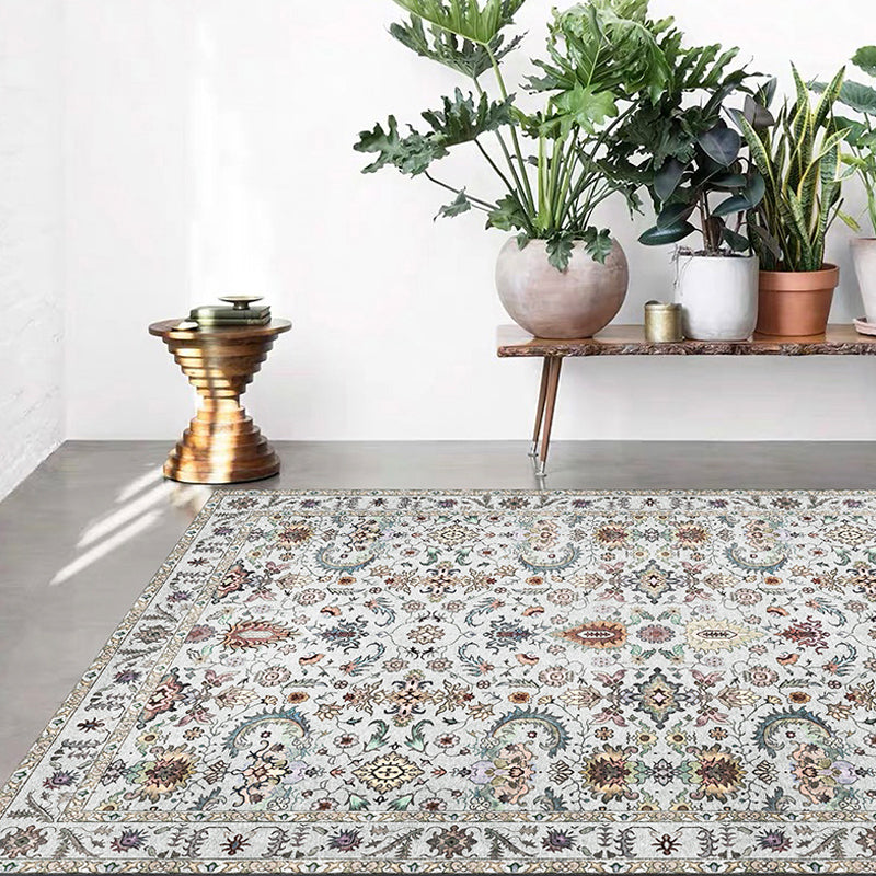 Retro Tribal Flower Pattern Rug Pink and Gray Polyester Rug Washable Pet-Friendly Non-Slip Rug for Living Room