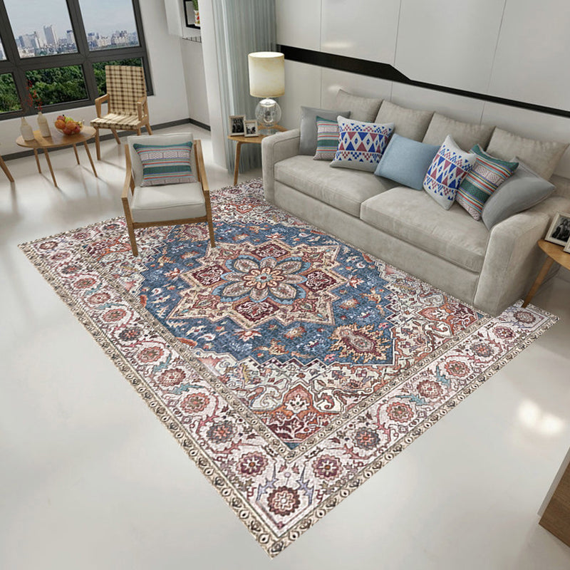 Retro Tribal Flower Pattern Rug Pink and Gray Polyester Rug Washable Pet-Friendly Non-Slip Rug for Living Room