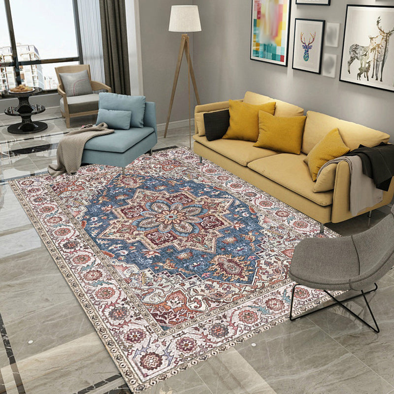 Retro Tribal Flower Pattern Rug Pink and Gray Polyester Rug Washable Pet-Friendly Non-Slip Rug for Living Room