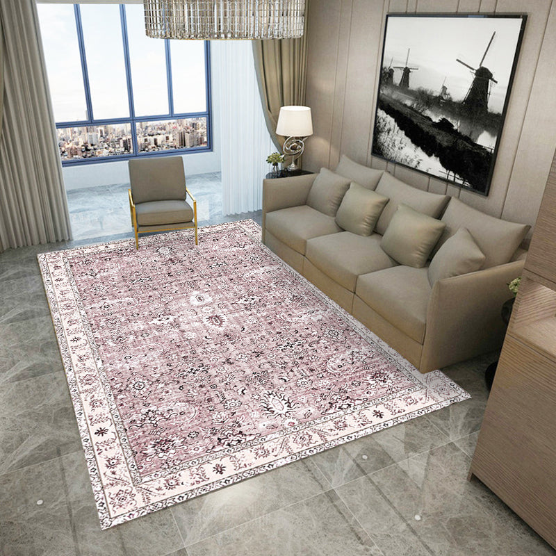 Retro Tribal Flower Pattern Rug Pink and Gray Polyester Rug Washable Pet-Friendly Non-Slip Rug for Living Room