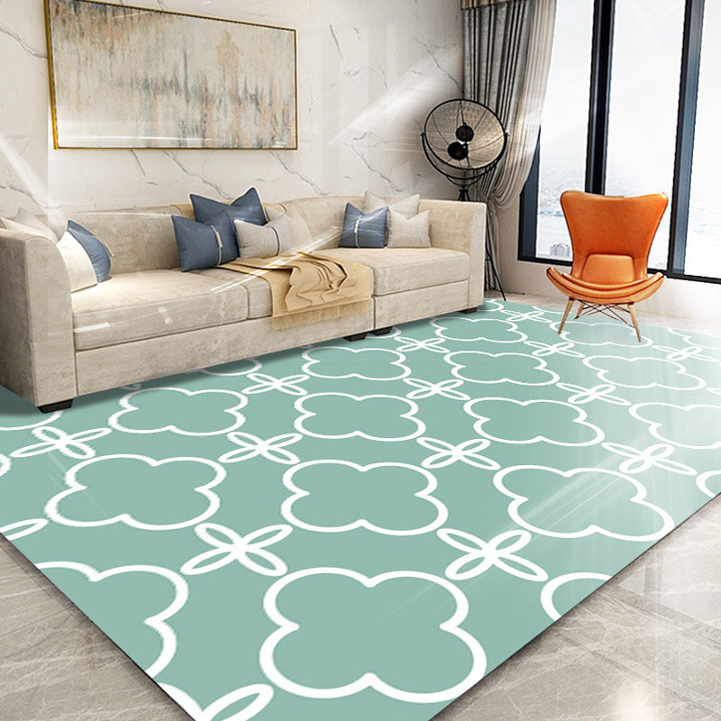 Retro-geometric floral pattern rug blue and green southwest rug polyester pet-friendly non-slip back washable area rug for living room