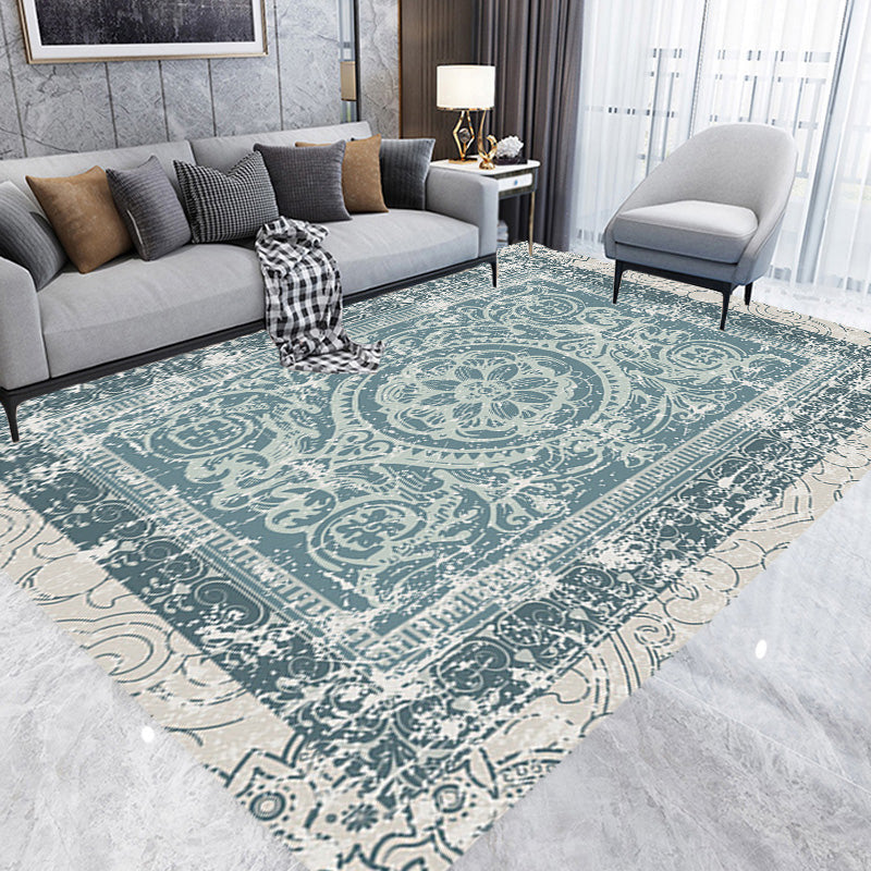 Green Moroccan Carpet Polyester Medallion Pattern Carpet pet friendly washable anti-slip backing Carpet for decoration