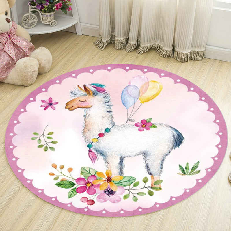 Kids Deer Pattern Carpet with Flowers White and Blue Polyester Carpet Non-Slip Backing Washable Pet-Friendly Carpet for the Bedroom