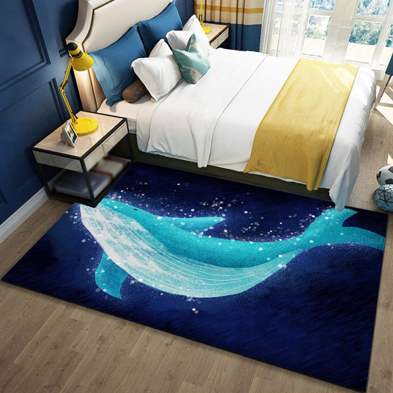 Children's Ocean Pattern Rug with Fish Blue Polyester Rug Non-Slip Back Washable Pet-Friendly Rug for the Bedroom