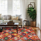 Stylish geometric pattern rug with flowers white and red Moroccan rug polyester pet-friendly non-slip back washable area rug for living room