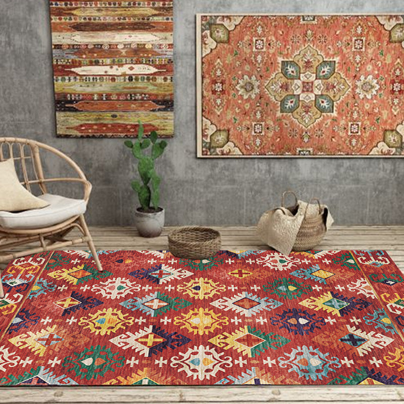 Stylish geometric pattern rug with flowers white and red Moroccan rug polyester pet-friendly non-slip back washable area rug for living room