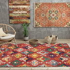 Stylish geometric pattern rug with flowers white and red Moroccan rug polyester pet-friendly non-slip back washable area rug for living room