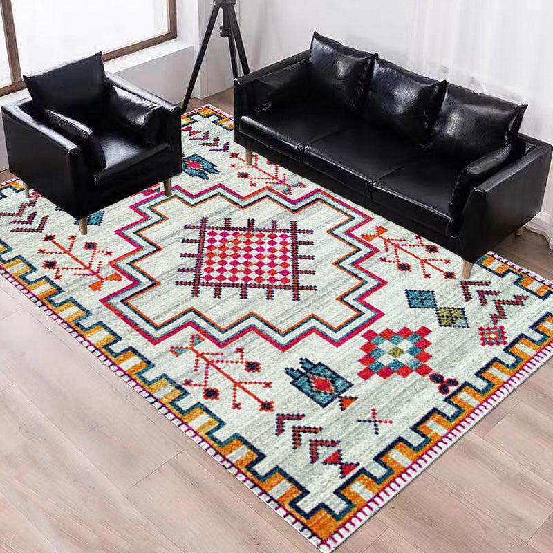 Stylish geometric pattern rug with flowers white and red Moroccan rug polyester pet-friendly non-slip back washable area rug for living room
