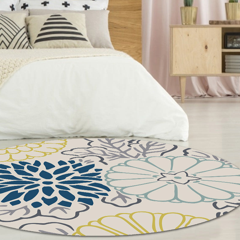 Moroccan Floral Pattern Carpet Blue and Gray Polyester Carpet Washable Pet-Friendly Non-Slip Living Room Rug