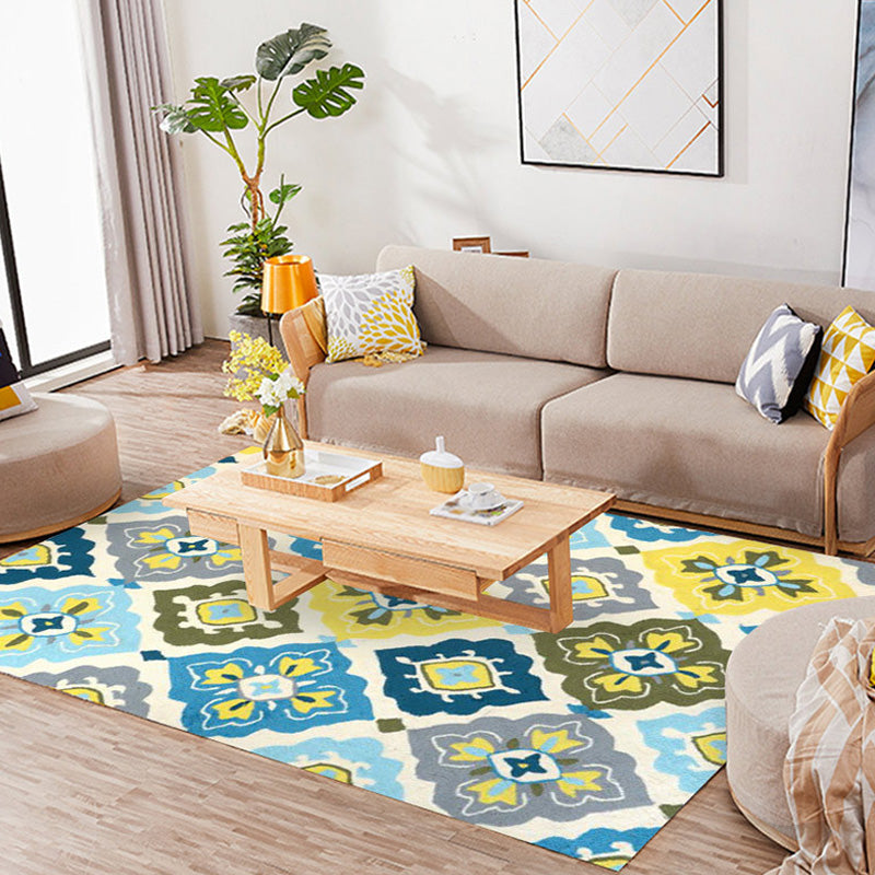 Retro Azulejo Pattern Rug Multicolor Polyester Rug Washable Pet Friendly Non-Slip Rug for the Living Room