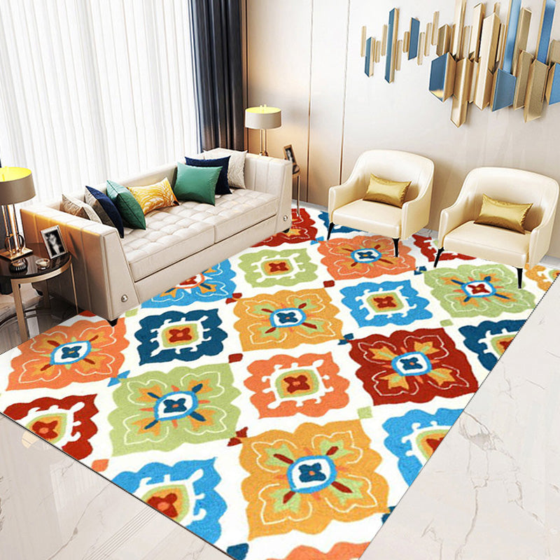 Retro Azulejo Pattern Rug Multicolor Polyester Rug Washable Pet Friendly Non-Slip Rug for the Living Room