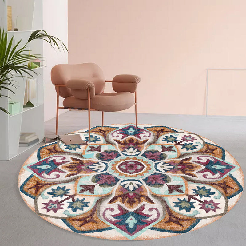 Stylish Tribal Flower Pattern Rug Multicolored Moroccan Rug Polyester Pet Friendly Non-Slip Back Washable Rug for the Living Room