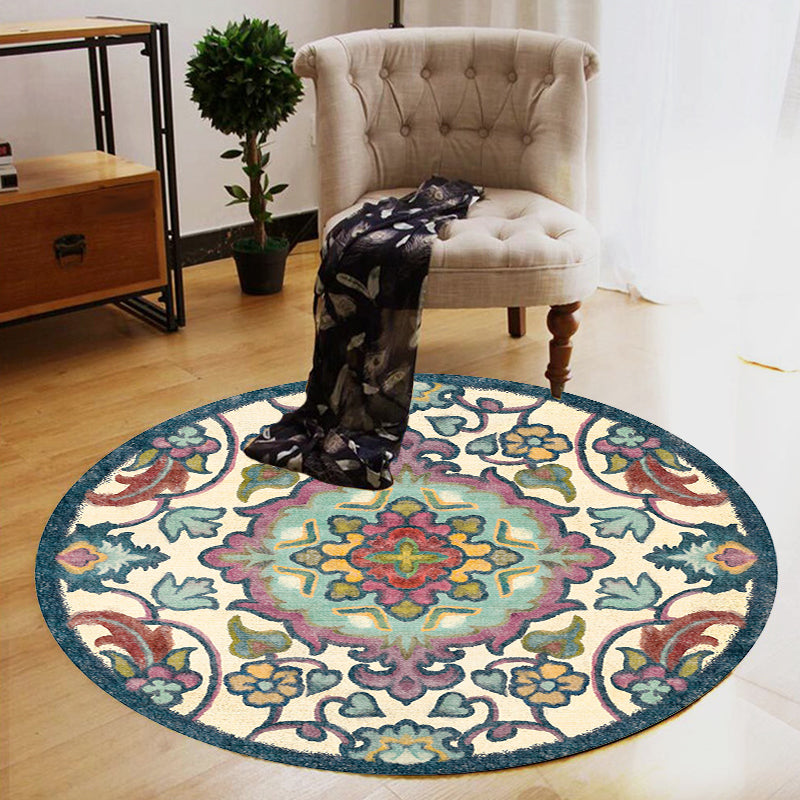 Stylish Tribal Flower Pattern Rug Multicolored Moroccan Rug Polyester Pet Friendly Non-Slip Back Washable Rug for the Living Room
