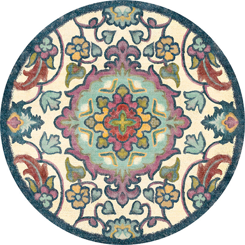 Stylish Tribal Flower Pattern Rug Multicolored Moroccan Rug Polyester Pet Friendly Non-Slip Back Washable Rug for the Living Room