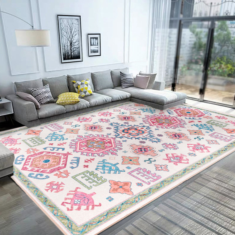 White and pink Bohemian rug Polyester floral pattern pet-friendly washable non-slip backing rug for decoration