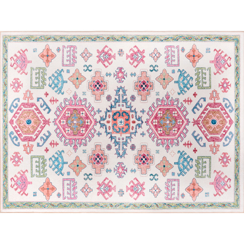 White and pink Bohemian rug Polyester floral pattern pet-friendly washable non-slip backing rug for decoration