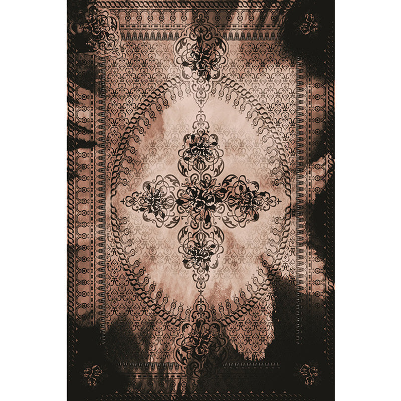 Moroccan Azulejo Pattern Carpet Black Multicolor Polyester Carpet Washable Pet Friendly Non-Slip Carpet for Living Room