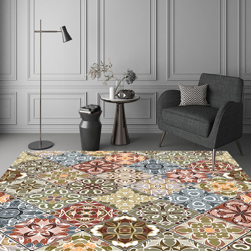 Moroccan Azulejo Pattern Carpet Black Multicolor Polyester Carpet Washable Pet Friendly Non-Slip Carpet for Living Room