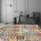 Moroccan Azulejo Pattern Carpet Black Multicolor Polyester Carpet Washable Pet Friendly Non-Slip Carpet for Living Room