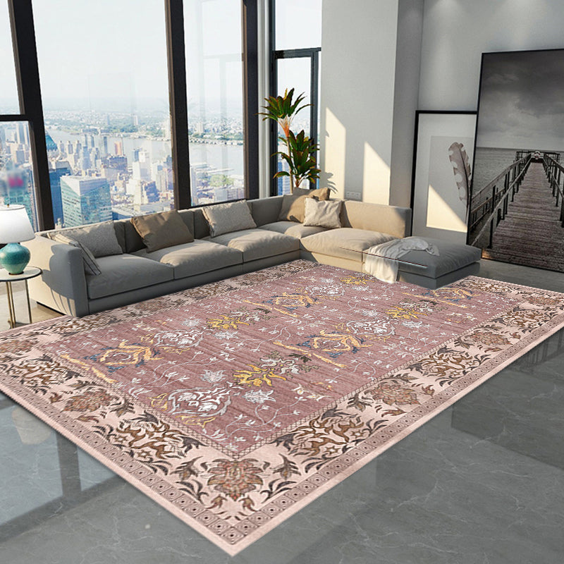 Pink Shabby Chic Carpet Polyester Tribal Floral Pattern Carpet Pet-Friendly Washable Non-Slip Back Carpet for Decoration